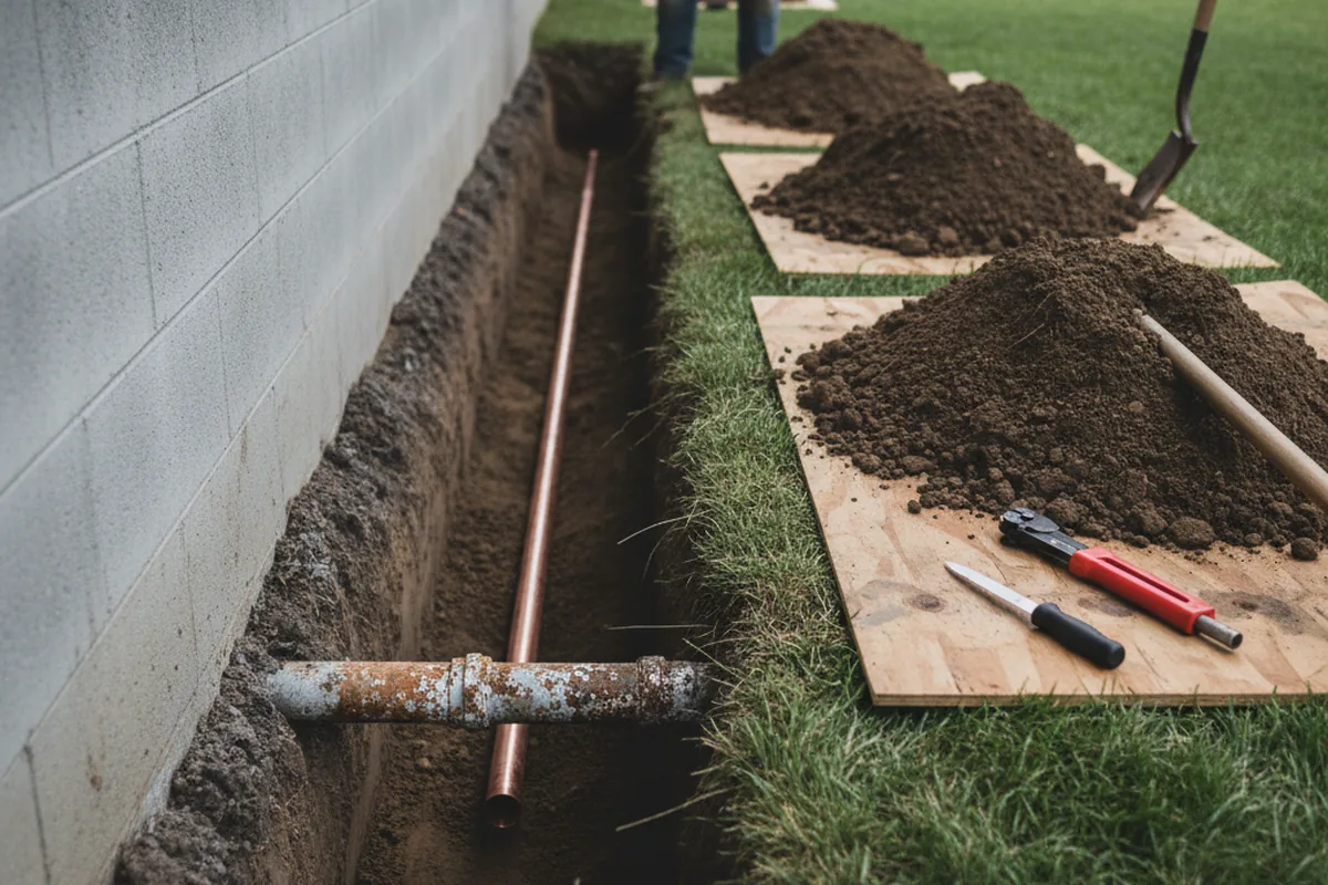 Excavated water line trench during Water Heater Repair in Greenfield